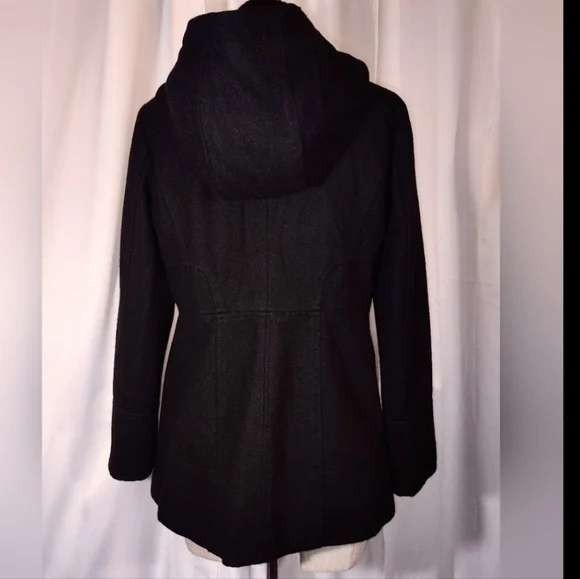 Guess Wool Pea Coat, Women Hooded, Black ButtonUp Pockets, Collar, Lining, S/M - Picture 3 of 15